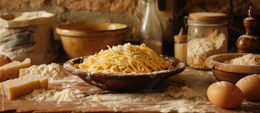 Poster ingredients for a delicious pasta carbonara displayed on a table with open space for additional visu
