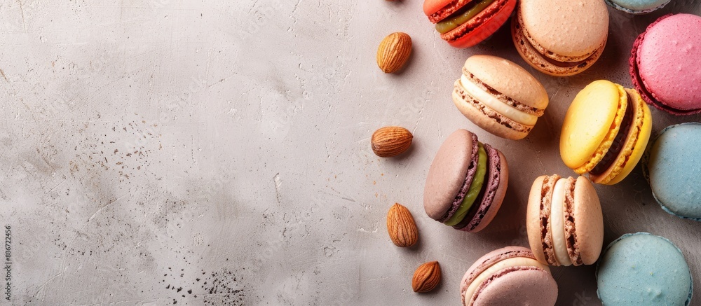 Aufkleber delicious cake macarons or macaroons displayed on a backdrop with available copy space image