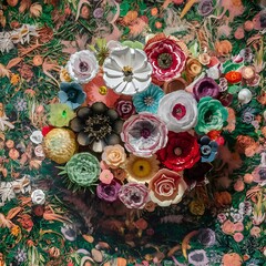 Beautiful artificial flowers on artistic background flower pattern