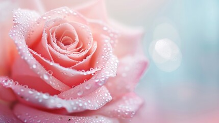 Glistening pink rose with intricate petals, each covered in tiny water droplets, set against a soothing, blurred background.