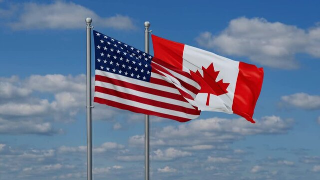 Canada and USA flags flying together, video concept of the relationship, two country cooperation concept