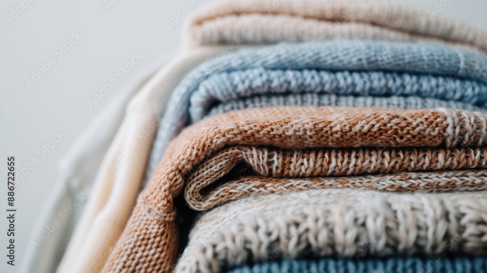 Poster close-up view of neatly folded knit blankets in soft pastel colors, showcasing textures and patterns