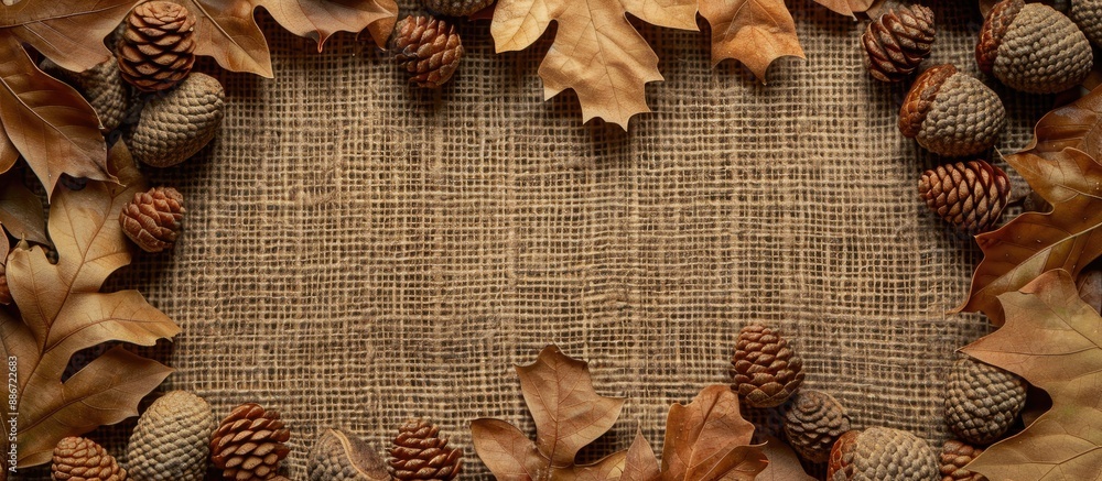 Poster fall harvest concept with acorns and oak leaves on burlap creating an autumn inspired setting with a