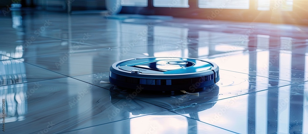 Poster close up of a circular robot vacuum cleaner on a reflective tiled floor with space for a picture. co