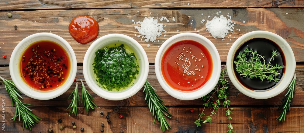 Poster various sauces and herbs arranged on a wooden table in a flat lay composition with ample copy space 