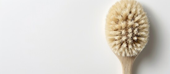 Beige body brush with a textured handle on a white background featuring ample copy space image
