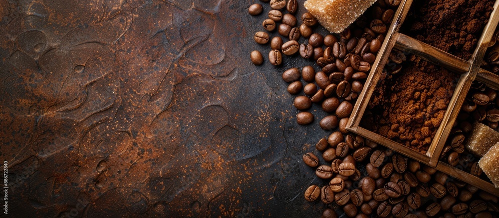 Poster top down view of a wooden box filled with roasted beans coffee grounds and brown sugar ideal for add