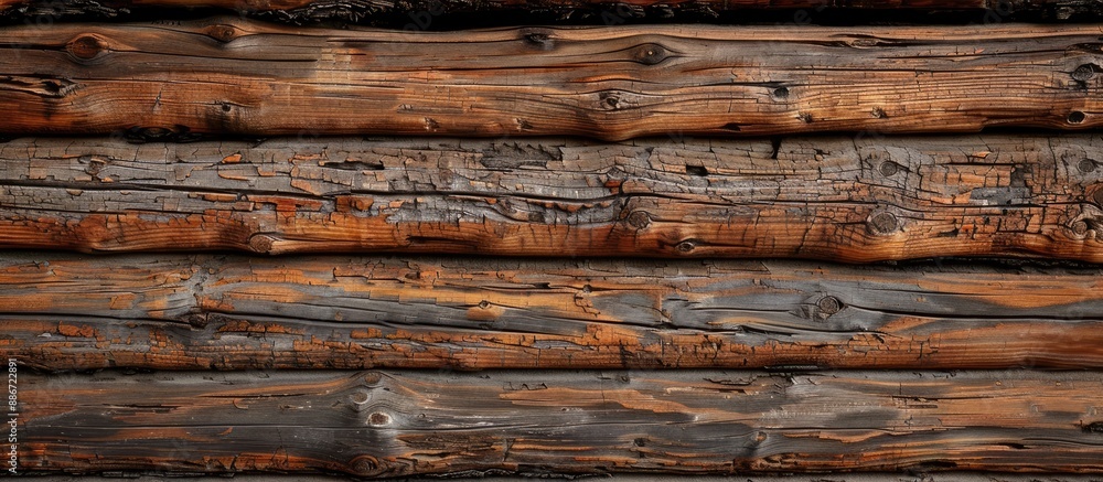 Poster rustic background of an old hand hewn log cabin wall texture with a wooden horizontal layout for a c