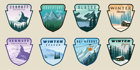 set of winter nature emblem logo vector illustration template icon graphic design. bundle collection of various national park at mountain with snow and wild life concept at famous country
