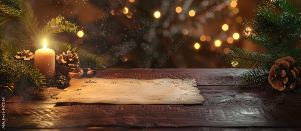 Aufkleber festive christmas setup with tree branches a candle and a paper with available copy space image