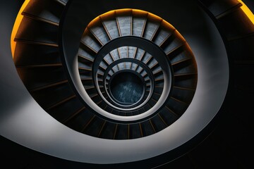 Fototapeta premium Endless Staircase A spiral staircase with countless steps ascends into an inky black void, offering no escape