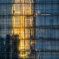 Warped Reality. Golden light creates distorted reflections and surreal patterns on a modern glass building facade with curved surfaces.