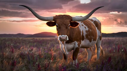 A brown cow with white spots in a beautiful medows, sunset