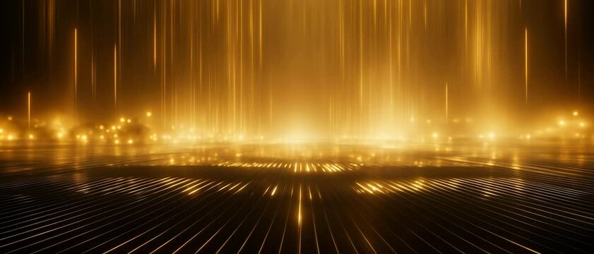Golden Stage with Sparkling Lights and Smoke: Elegant Abstract Wide Panoramic Background for Awards Ceremonies, Product Launches, and Special Events. Seamless Looping Animation.