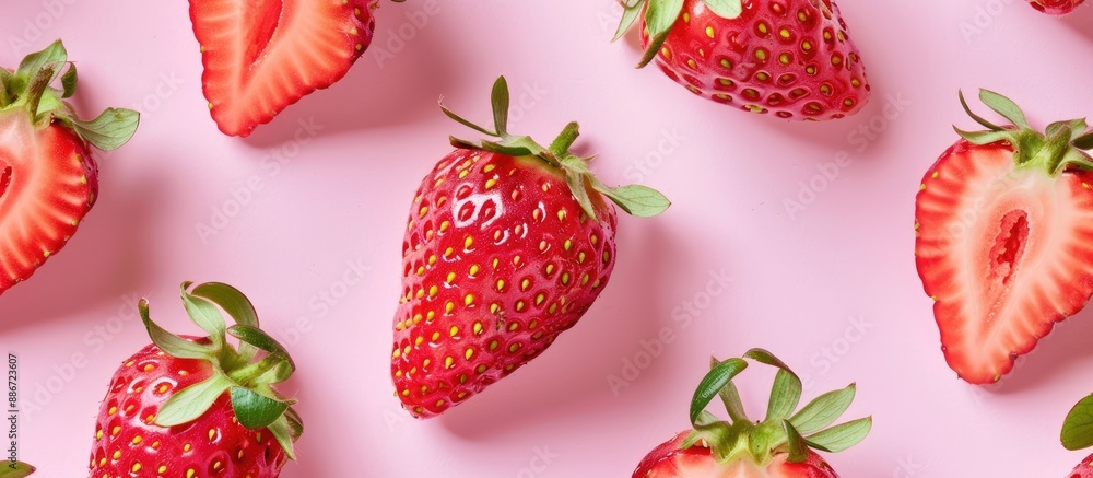Poster a seamless pattern featuring a fresh strawberry half on a pink backdrop with copy space image