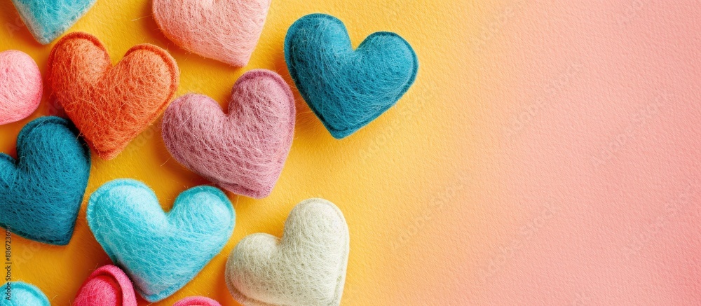 Poster top view of heart shaped felt decorations on a colorful backdrop creating a charming copy space imag