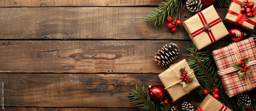 Wall mural festively decorated christmas presents displayed on a wooden background with copy space image