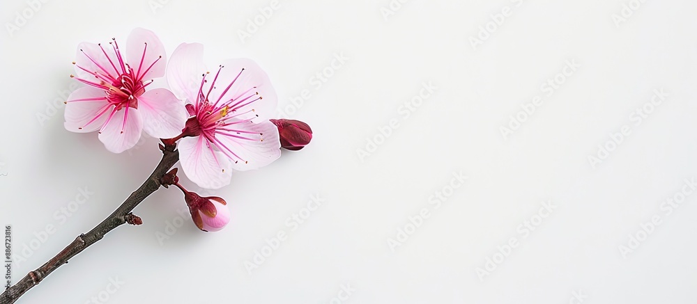 Poster a solitary pink plum flower in spring set against a white backdrop with space for text. copy space i
