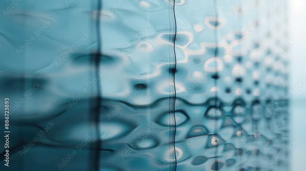 Poster an abstract image with a wavy blue pattern creating a dreamy and calming atmosphere, featuring flowi