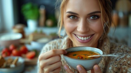 A woman smiles while holding a bowl of soup in a cozy kitchen with fresh vegetables around her.