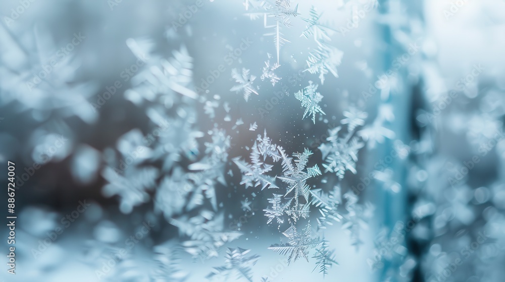 Aufkleber a macro photograph capturing the delicate and intricate patterns of frosty snowflakes on a window, s