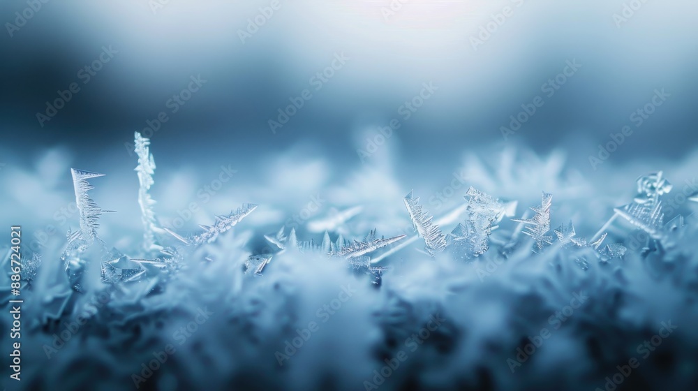 Poster a detailed macro shot highlighting the crystal structures formed by frost on a surface, illustrating