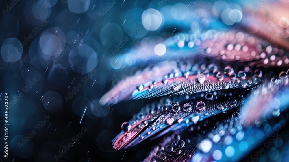 Poster a high-resolution macro photograph showcasing a feather adorned with clear dew droplets, enhancing i