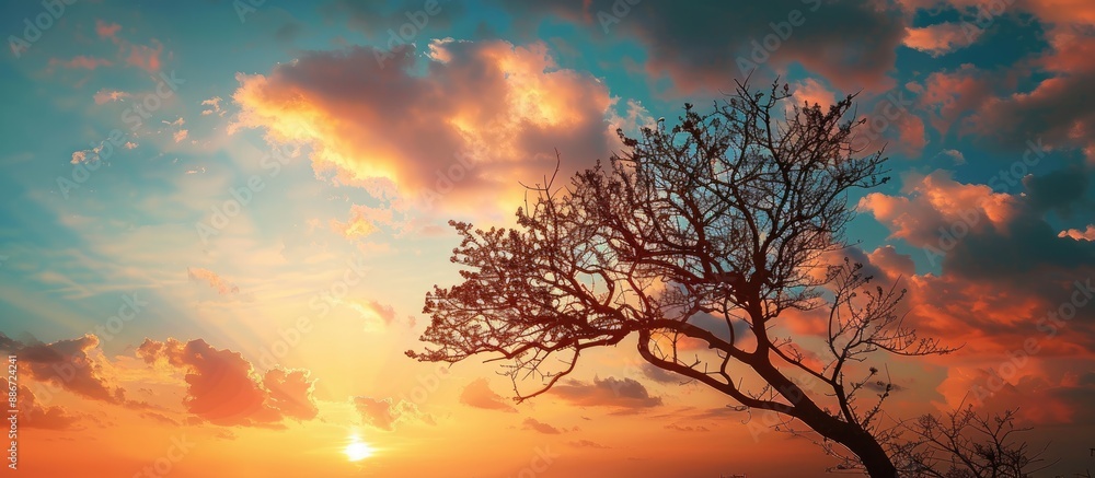 Poster a stunning sunset landscape featuring a silhouette of a tree and branches against the sky with ample