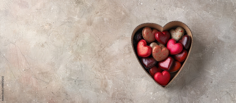 Poster heart shaped cardboard box filled with assorted hearts placed on a light background with ample copy 