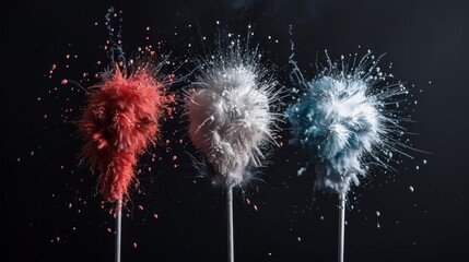 Image showcases three feathers exploding with vibrant colors against a dark backdrop, emphasizing the dynamic energy and contrast, capturing a moment of bursting motion.