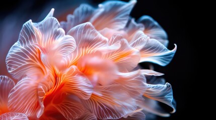 Fototapeta premium A beautifully detailed image of an underwater coral, featuring delicate, translucent petals with a soft, luminous glow against a dark background highlighting its natural elegance.