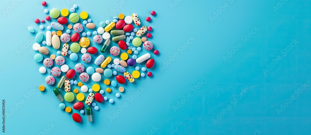 Poster Various multicolored pills capsules and tablets shaped like a heart on a blue background with room for adding text or other images. Copy space image. Place for adding text and design
