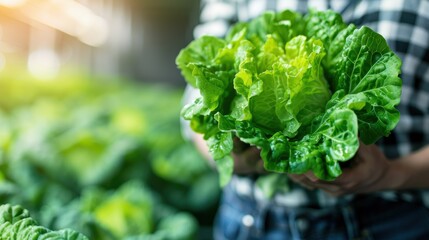 An individual holds a bunch of fresh green lettuce in their hand against a backdrop of a vibrant indoor farm, demonstrating the harvesting process within a controlled environment.