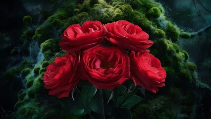 Red roses on green moss background