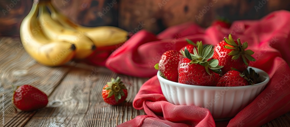 Poster fresh ripe red strawberries and bananas in a small white bowl on an old wooden table with a red fabr