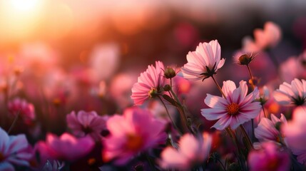 A beautiful image of pink cosmos flowers gently illuminated by the warm hues of a setting sun, capturing a tranquil moment in nature with vibrant colors and soft lighting.
