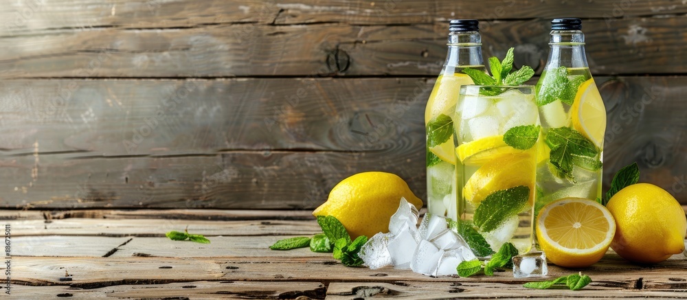 Aufkleber glass and bottle of refreshing lemonade or mojito on a rustic wooden table with ice lemon and mint i