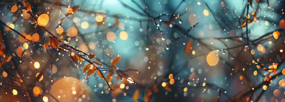 late autumn / early winter background with banches & last leaves; bokeh effect; widescreen backdrop