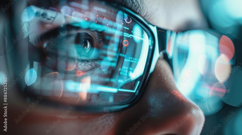Poster A person wears smart glasses with a transparent digital interface, illustrating concepts of augmented reality, modern technology, and the future of visual enhancements.