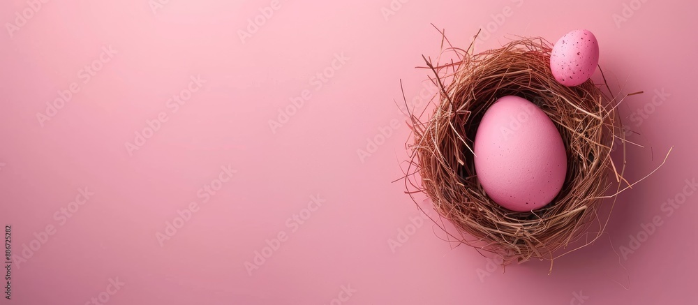 Sticker Vibrant Easter egg in a nest on a pink background with a copy space image for Easter theme with a minimalist touch