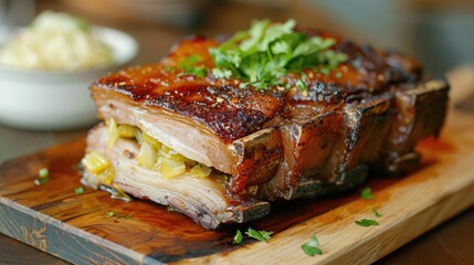 Crispy Roast Pork Belly with stewed cabbage on wooden cutting board