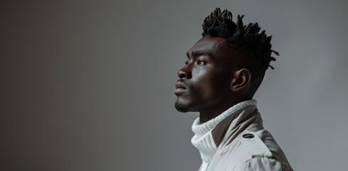 Obraz premium A minimalist portrait of a black man in light clothing: graceful and timeless style. copy space