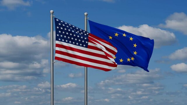 European Union and USA flags flying together, video concept of the relationship