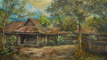 rough painting with a theme of the environment of an ancient Indonesian Javanese house