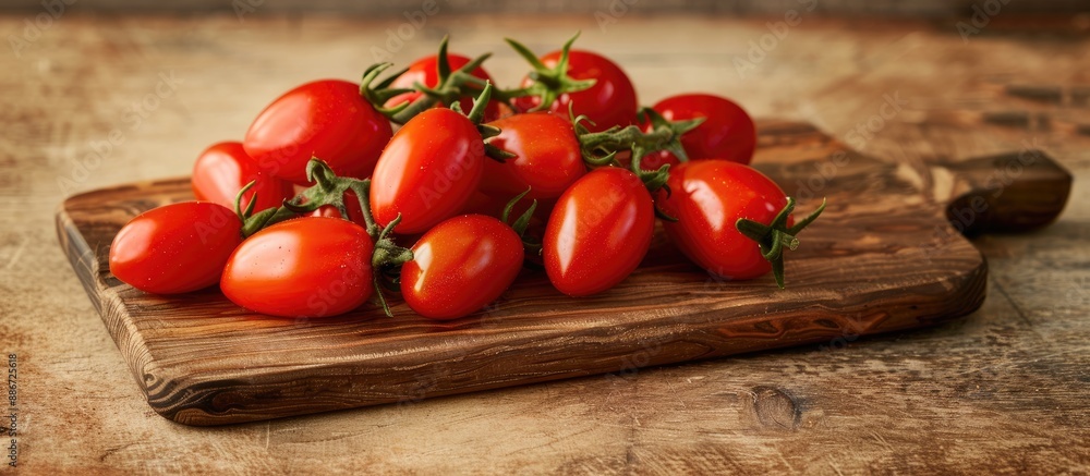 Canvas Prints Ripe San Marzano DOP cherry tomatoes on a wooden cutting board set up for a copy space image