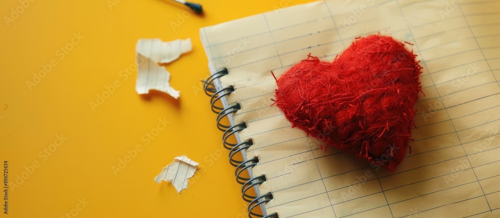 Poster red heart shaped woolen toy and torn notebook sheet on yellow paper with a copy space image
