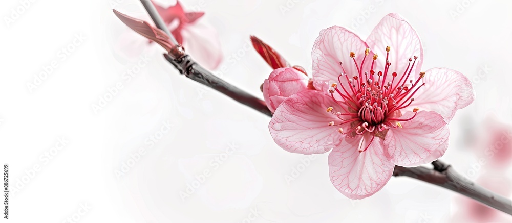 Poster a solitary pink plum flower in spring set against a white backdrop with space for text. copy space i