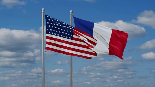 France and USA flags waving together, looped video, two country relations concept
