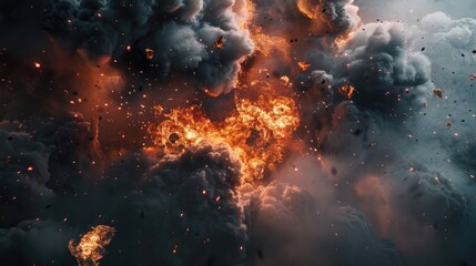 Illustration of fire bomb particles in black smoke clouds, creating a dramatic explosion scene