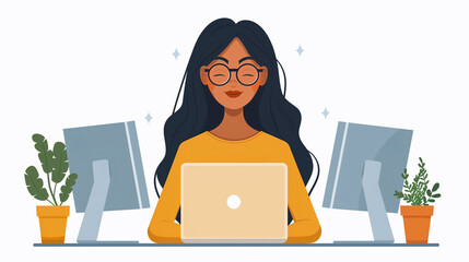 Illustration of a woman with long black hair and glasses sits at a desk with a laptop and two computer monitors. There are potted plants on either side of the desk